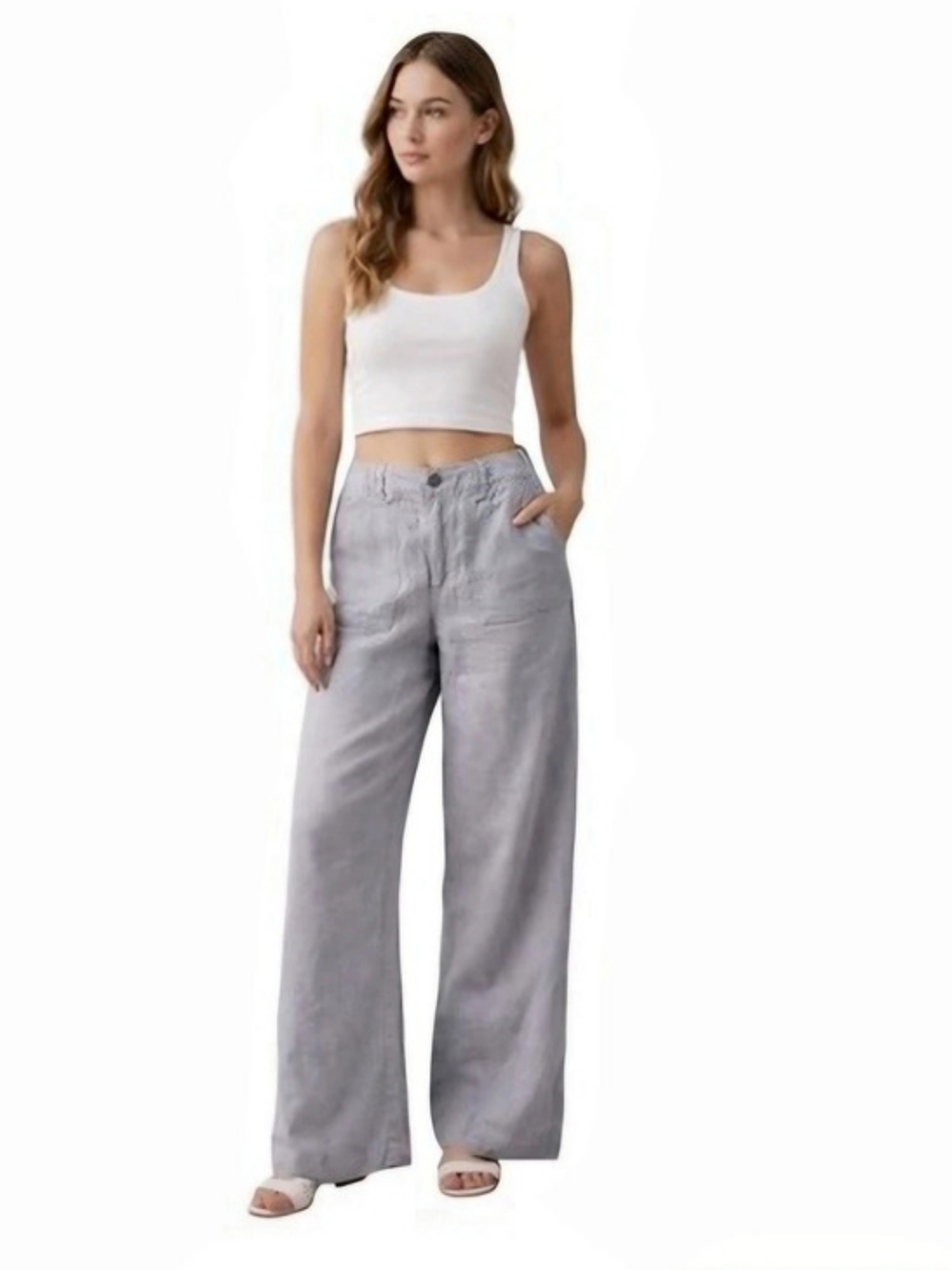 O Adrienne Vittadini Linen Wide Leg Pants Gray Size 10 Like New